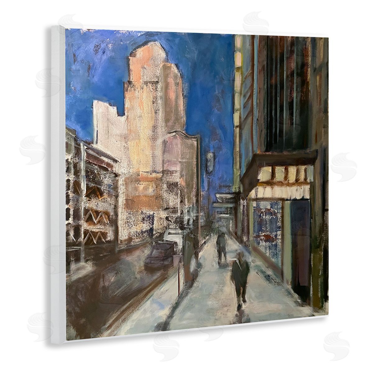 Susanne Marie Abstract Figures Walking Urban City Streets Blue Sky Wooden Wall Plaque Art Print