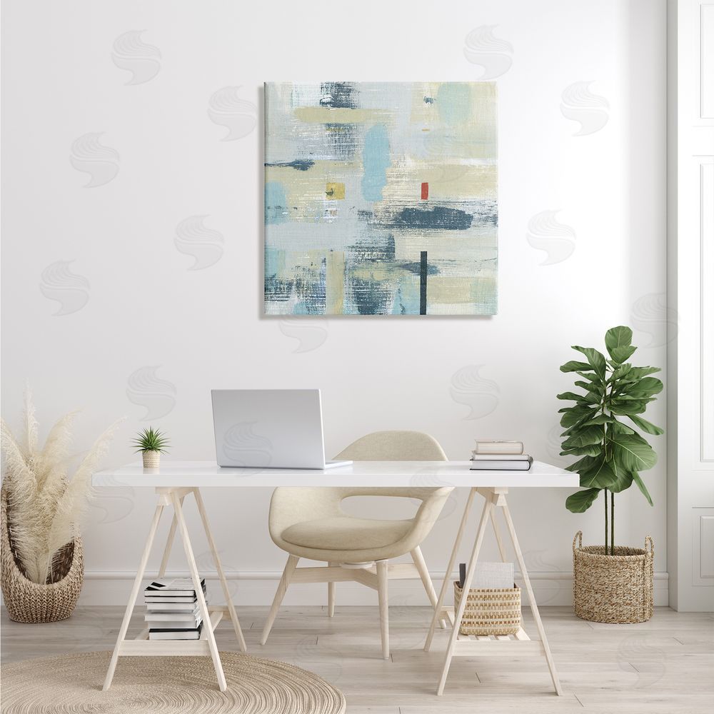 Susan Jill Abstract Paint Stroke Collage Blue Beige Woven Pattern Canvas Wall Art in Room