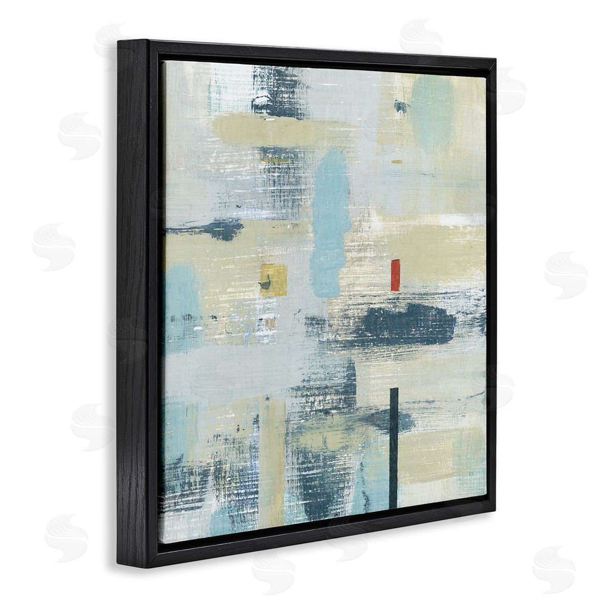 Susan Jill Abstract Paint Stroke Collage Blue Beige Woven Pattern Black Floating Frame Canvas Wall Art Print