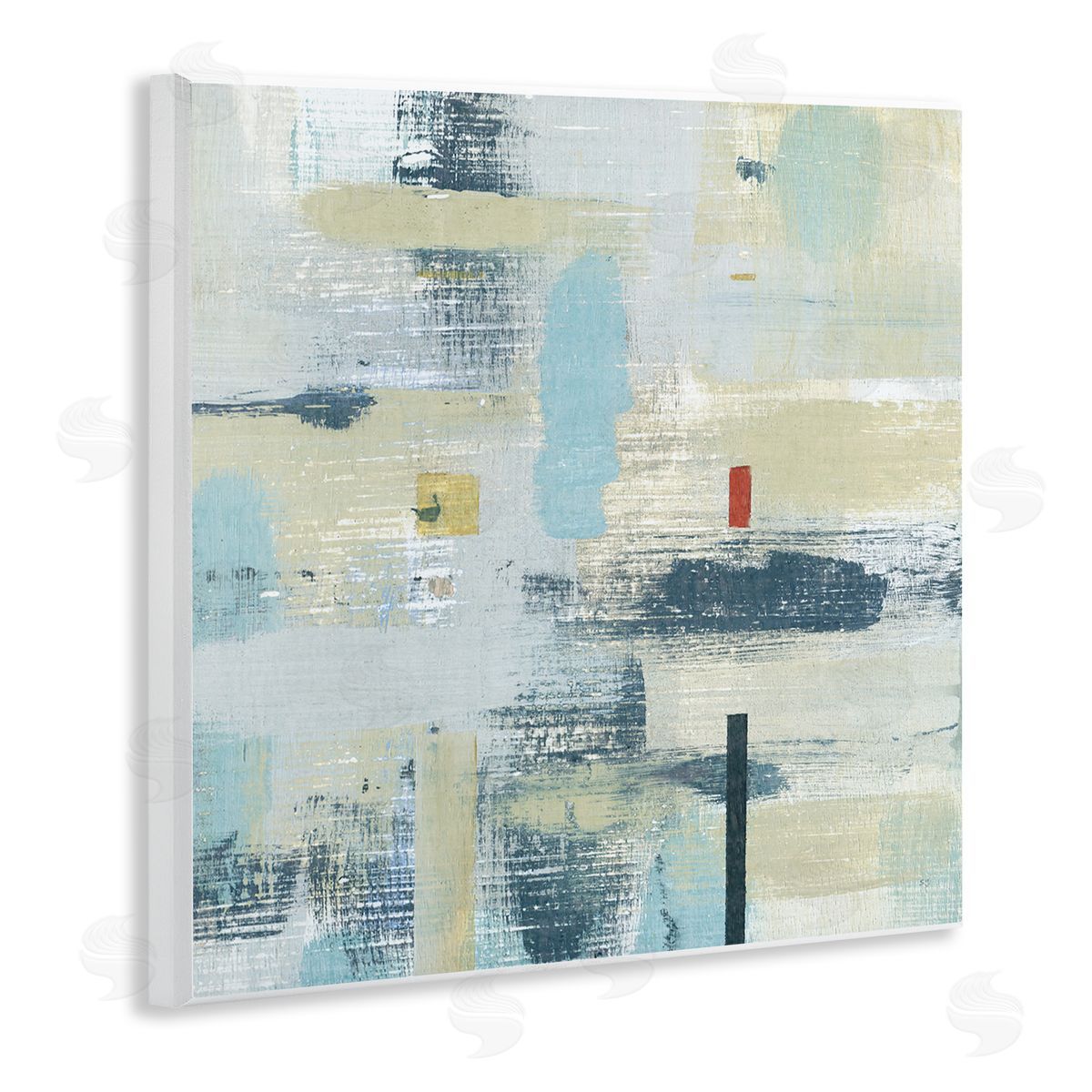 Susan Jill Abstract Paint Stroke Collage Blue Beige Woven Pattern Wooden Wall Plaque Art Print