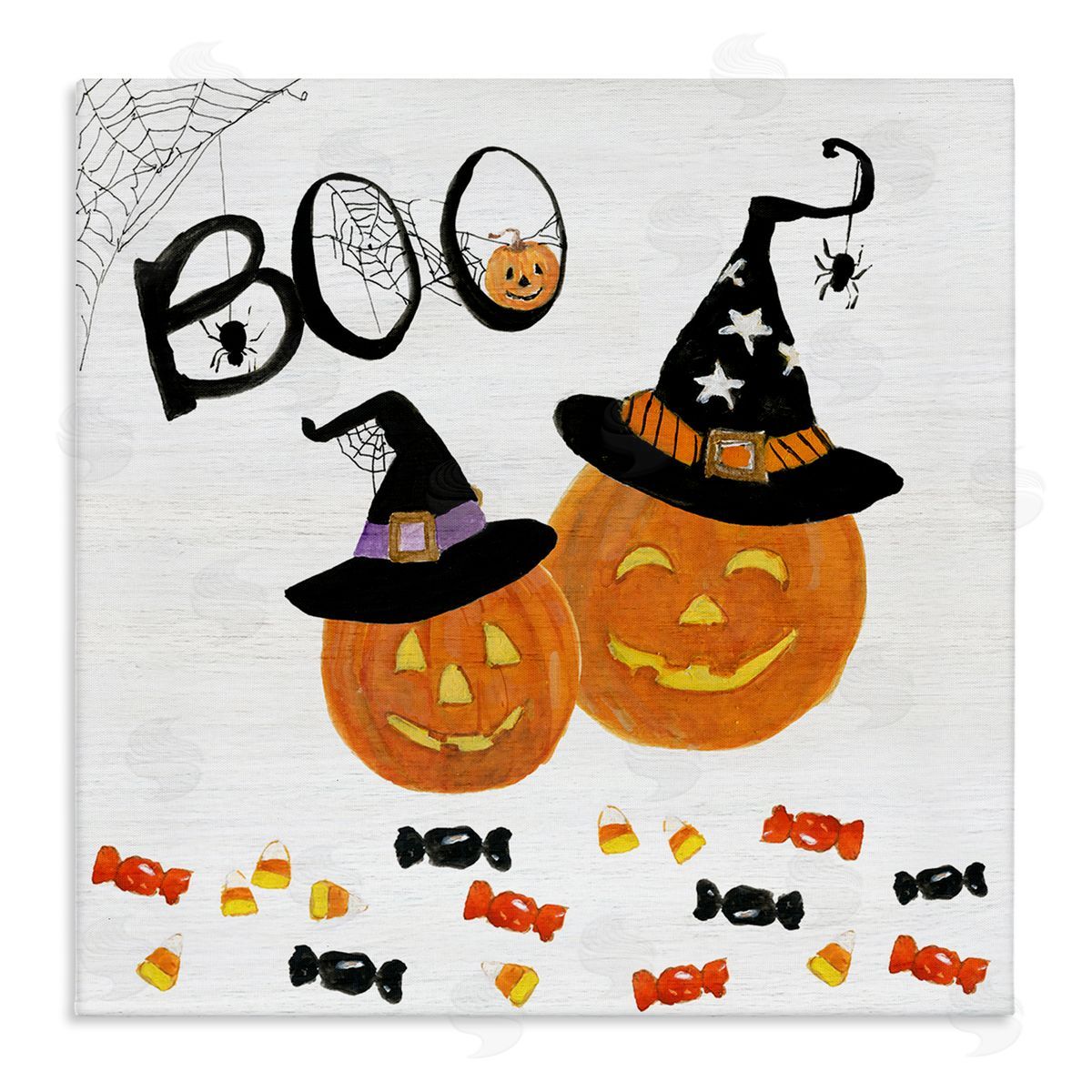 Sally Swatland Boo Phrase with Orange Pumpkins Witch Hats Stretched Canvas Wall Art Print