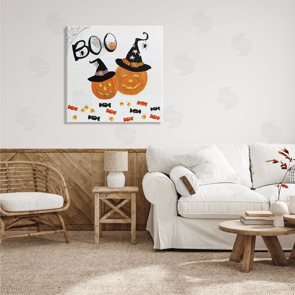 Sally Swatland Boo Phrase with Orange Pumpkins Witch Hats Canvas Wall Art in Room