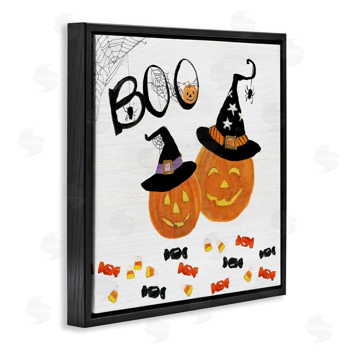 Sally Swatland Boo Phrase with Orange Pumpkins Witch Hats Black Floating Frame Canvas Wall Art Print