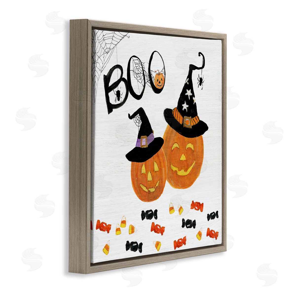 Sally Swatland Boo Phrase with Orange Pumpkins Witch Hats Brown Floating Frame Canvas Wall Art Print