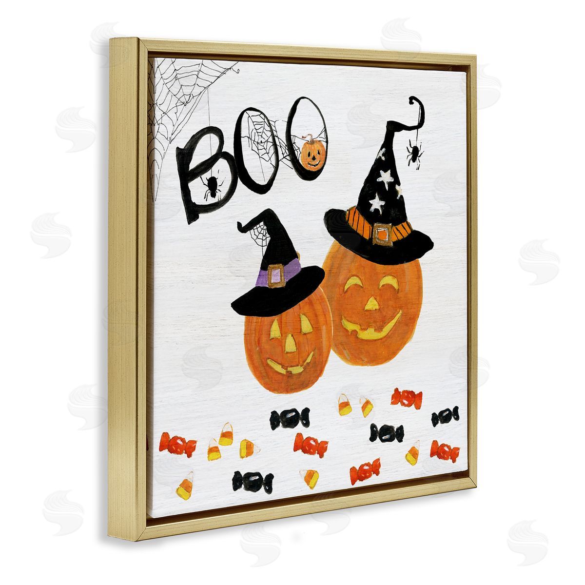Sally Swatland Boo Phrase with Orange Pumpkins Witch Hats Gold Floating Frame Canvas Wall Art Print