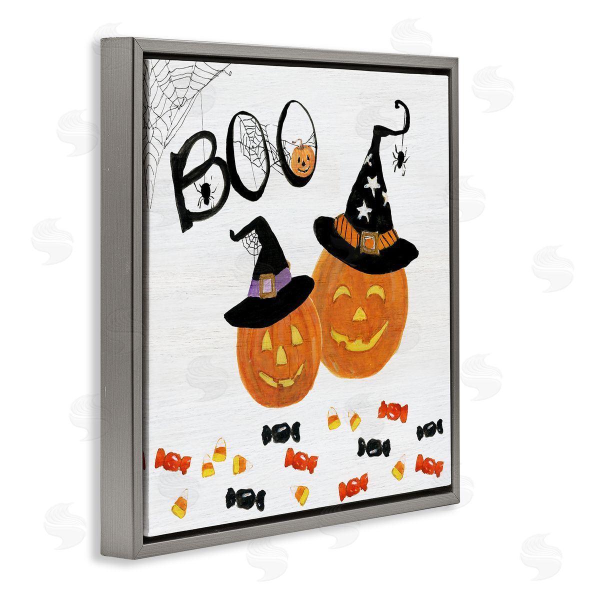 Sally Swatland Boo Phrase with Orange Pumpkins Witch Hats Gray Floating Frame Canvas Wall Art Print