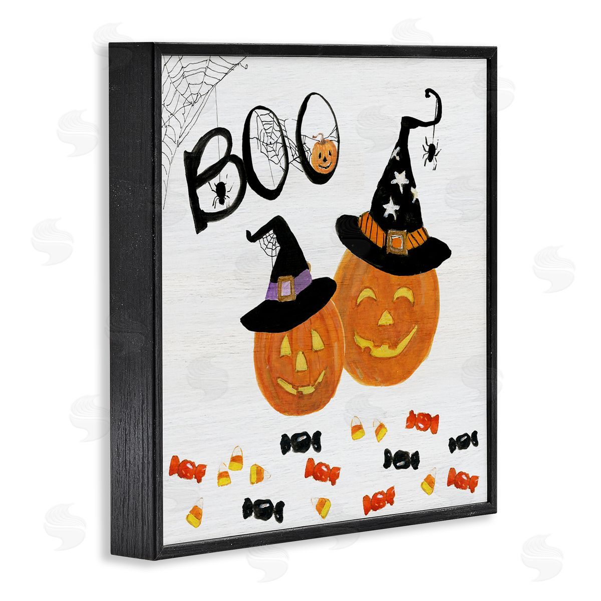 Sally Swatland Boo Phrase with Orange Pumpkins Witch Hats Black Framed Glicee Wall Art Print