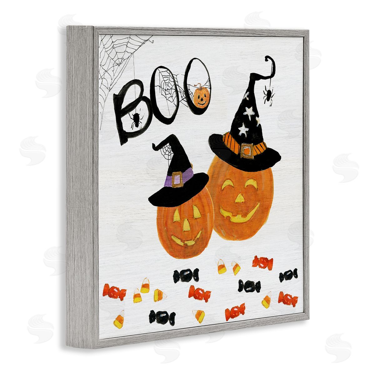 Sally Swatland Boo Phrase with Orange Pumpkins Witch Hats Gray Framed Glicee Wall Art Print