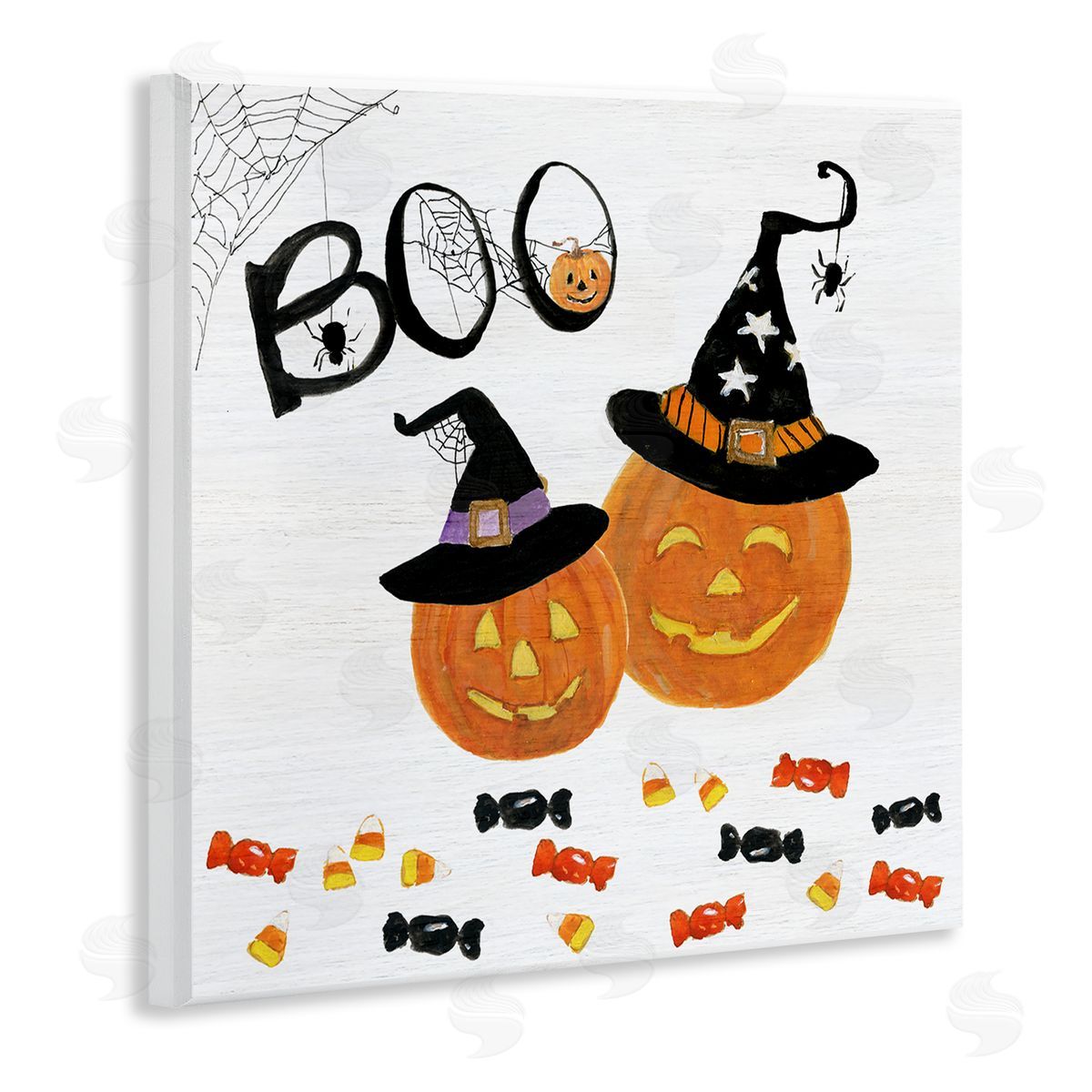 Sally Swatland Boo Phrase with Orange Pumpkins Witch Hats Wooden Wall Plaque Art Print