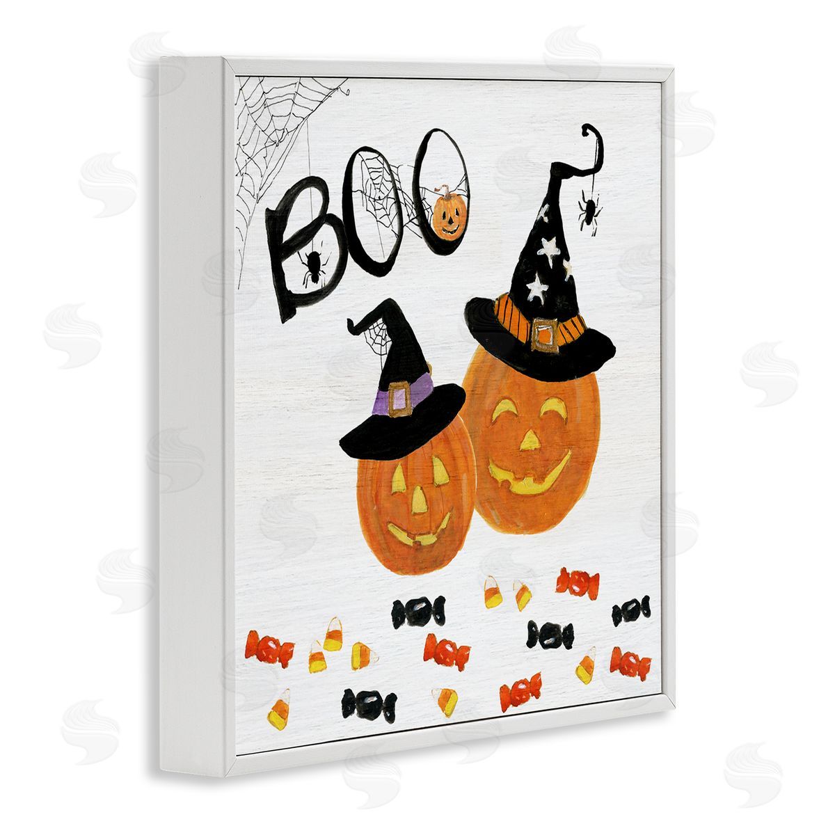 Sally Swatland Boo Phrase with Orange Pumpkins Witch Hats White Framed Glicee Wall Art Print