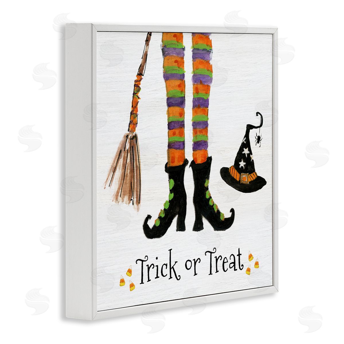 Sally Swatland Trick Or Treat Phrase Whimsical Striped Witch Socks White Framed Glicee Wall Art Print