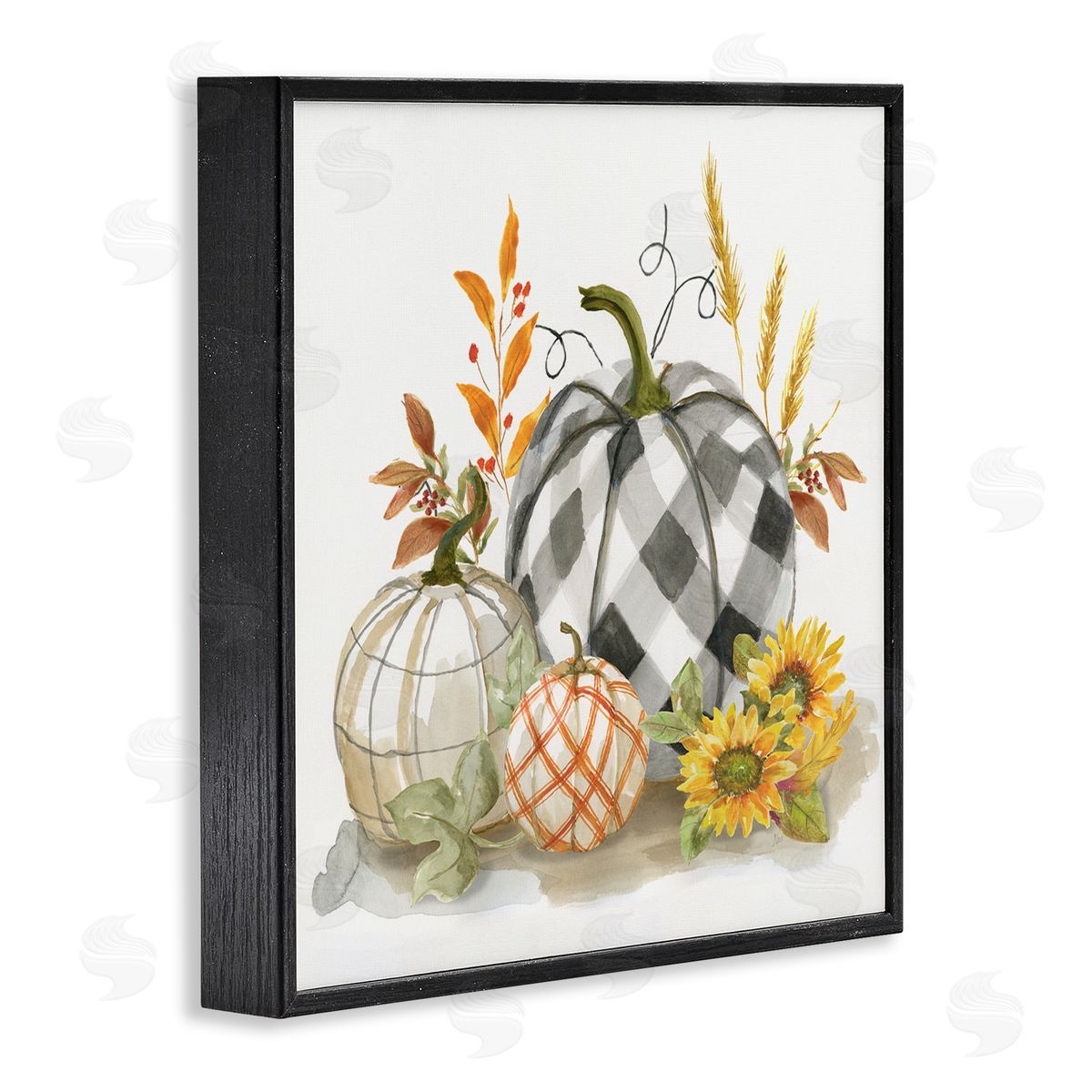 Fall Patchwork Patterned Pumpkins Black Frame Print Wall Art, Home Decor by Nan