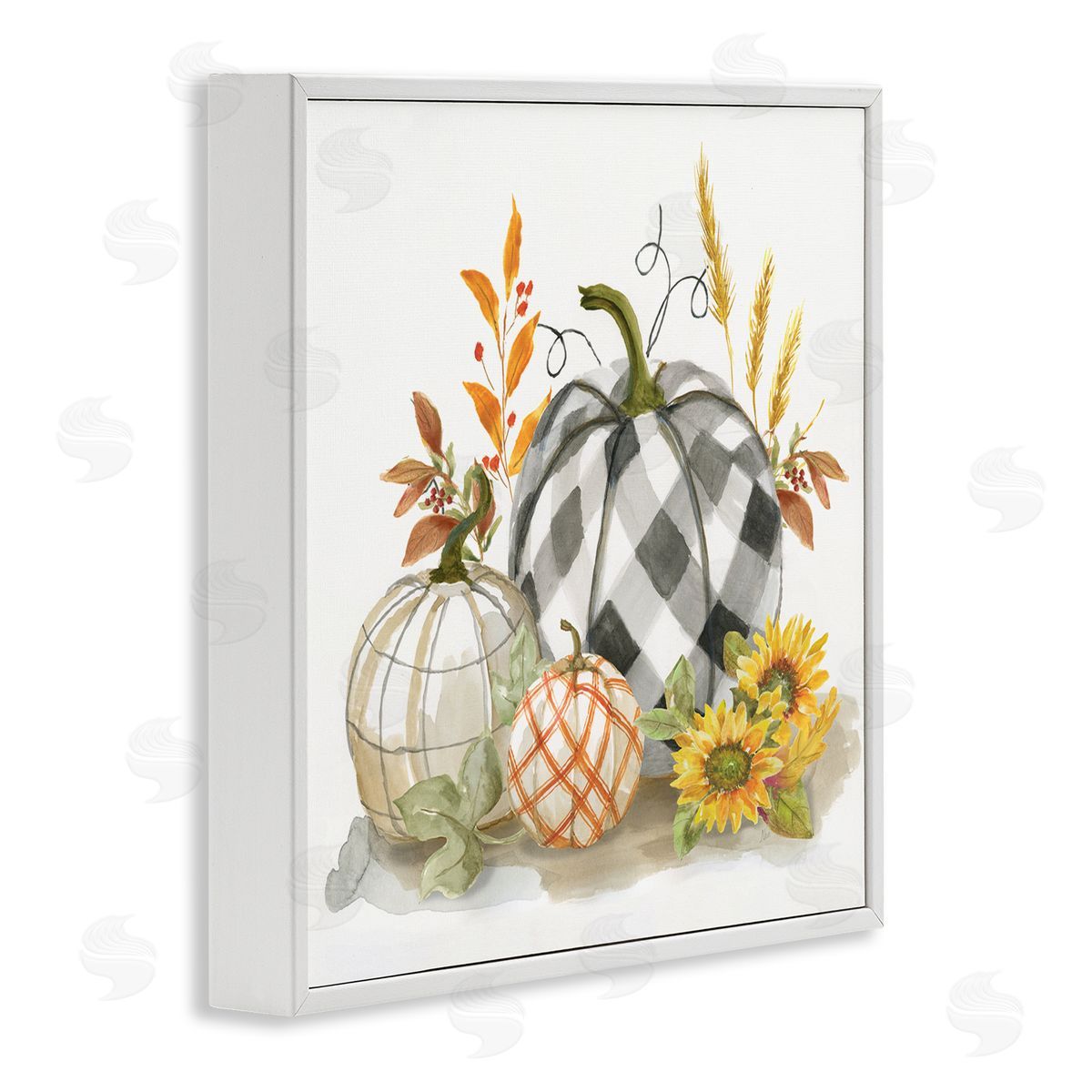 Fall Patchwork Patterned Pumpkins White Frame Print Wall Art, Home Decor by Nan