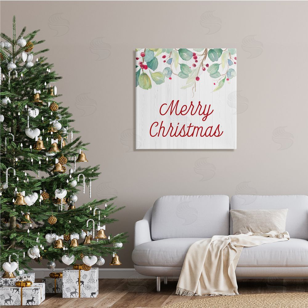Patricia Pinto Merry Christmas Sentiment Festive Falling Red Holly Vines Canvas Wall Art in Room