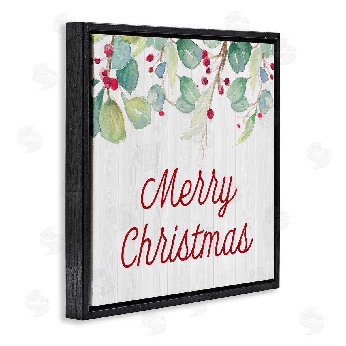 Patricia Pinto Merry Christmas Sentiment Festive Falling Red Holly Vines Black Floating Frame Canvas Wall Art Print