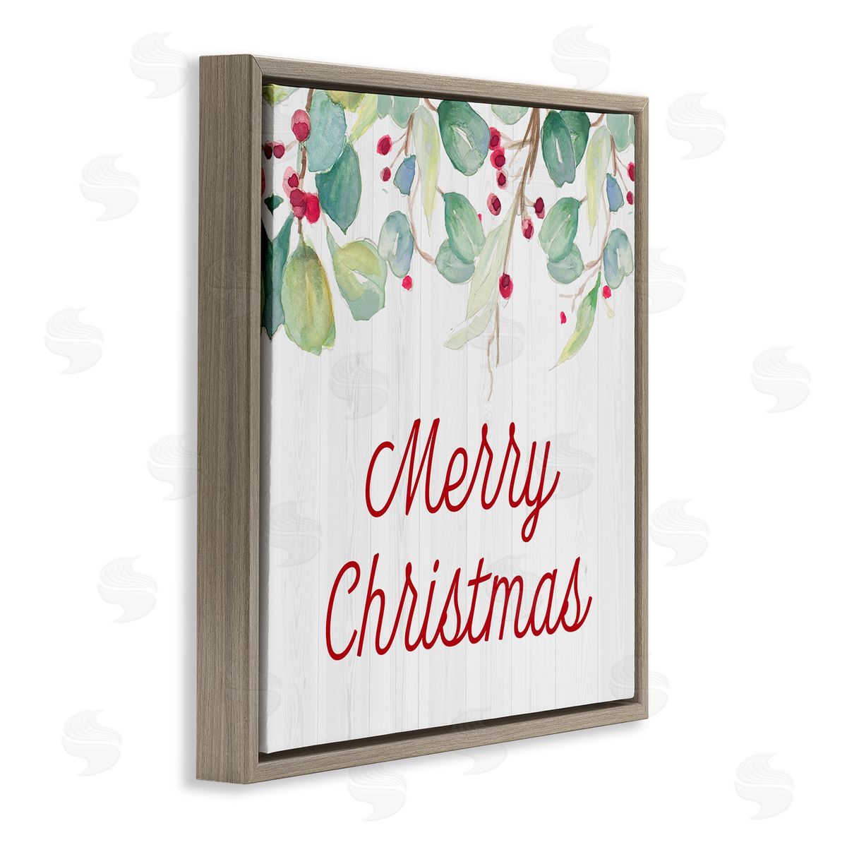 Patricia Pinto Merry Christmas Sentiment Festive Falling Red Holly Vines Brown Floating Frame Canvas Wall Art Print