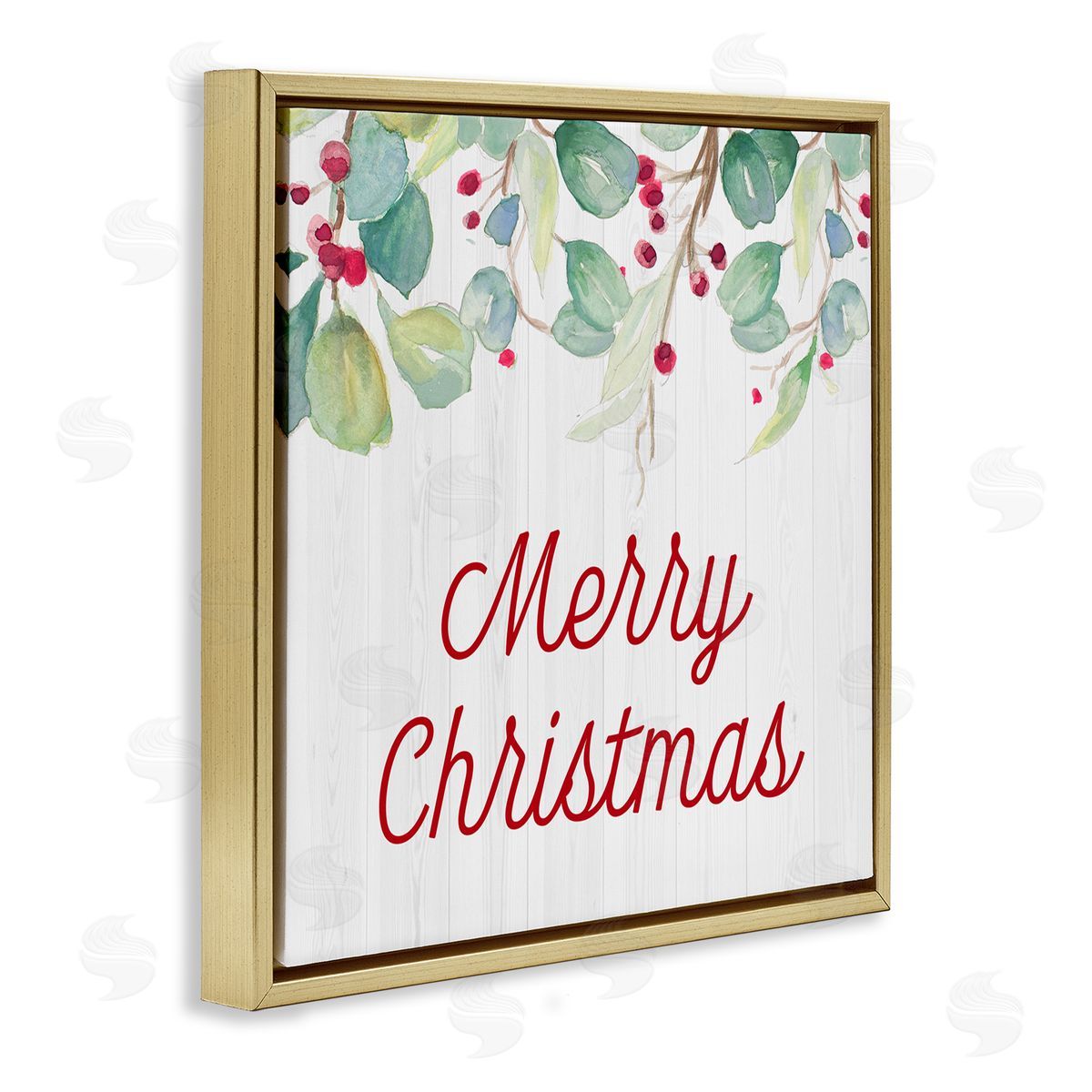 Patricia Pinto Merry Christmas Sentiment Festive Falling Red Holly Vines Gold Floating Frame Canvas Wall Art Print