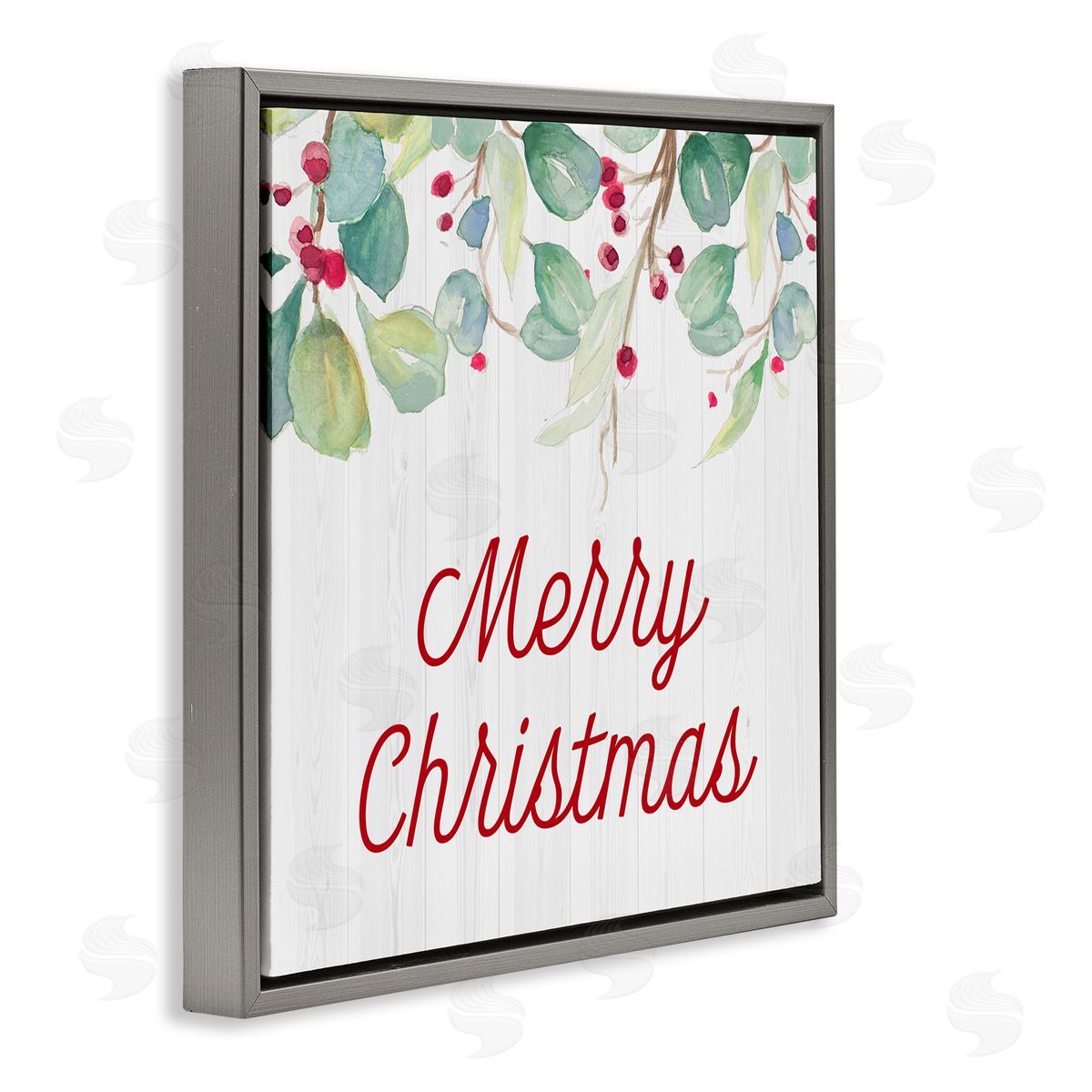 Patricia Pinto Merry Christmas Sentiment Festive Falling Red Holly Vines Gray Floating Frame Canvas Wall Art Print
