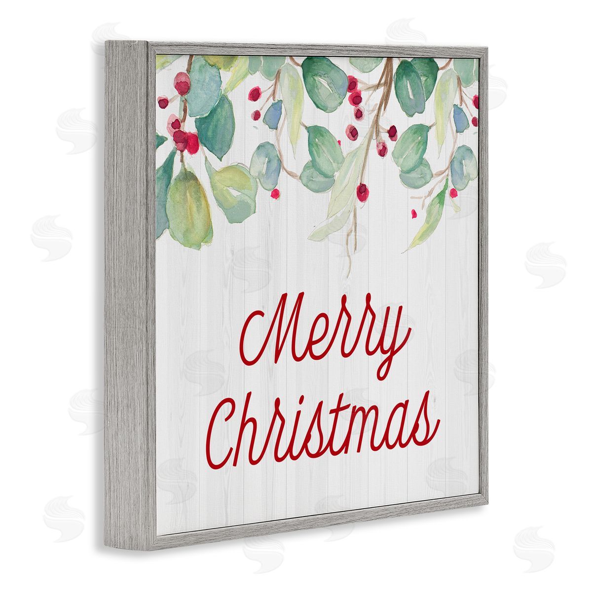 Patricia Pinto Merry Christmas Sentiment Festive Falling Red Holly Vines Gray Framed Glicee Wall Art Print