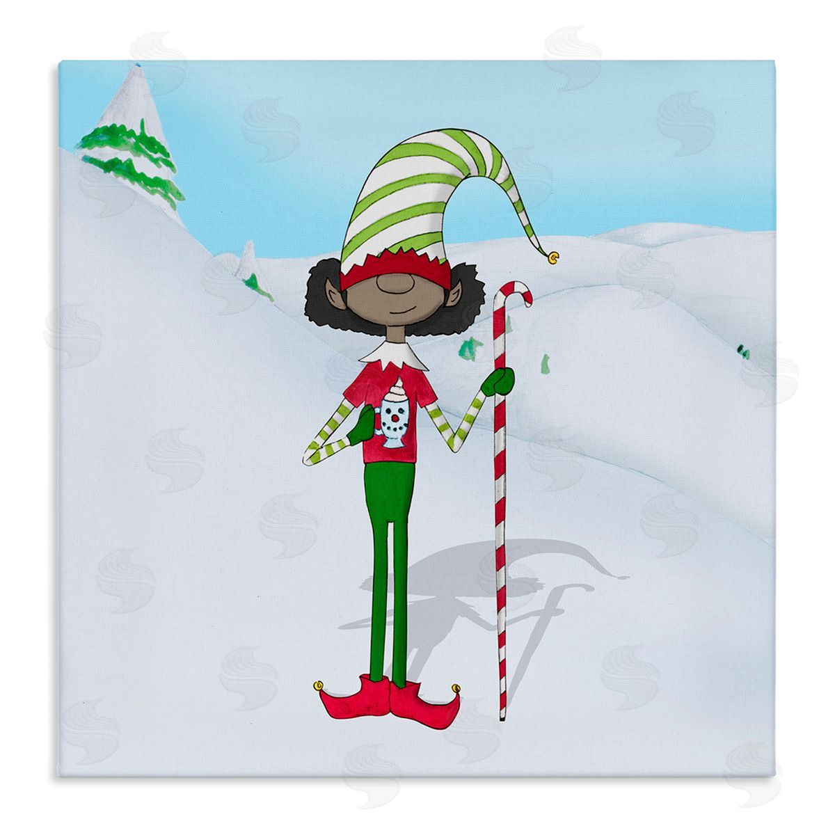 Hugo Edwins Holiday Elf with Hot Cocoa Snowy Winter Scene Stretched Canvas Wall Art Print