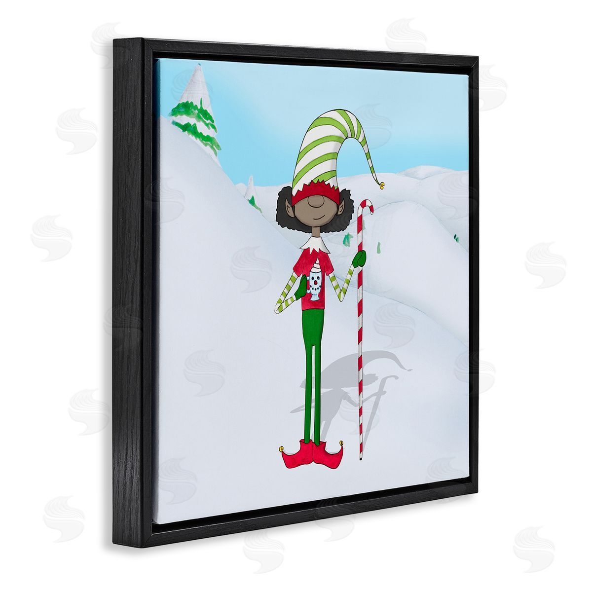 Hugo Edwins Holiday Elf with Hot Cocoa Snowy Winter Scene Black Floating Frame Canvas Wall Art Print