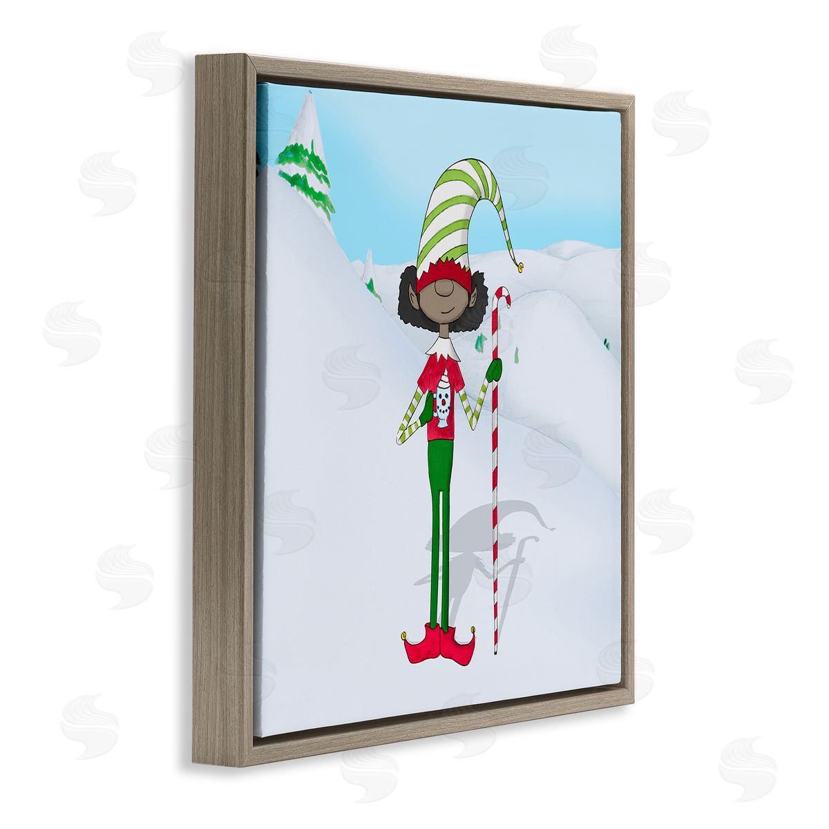Hugo Edwins Holiday Elf with Hot Cocoa Snowy Winter Scene Brown Floating Frame Canvas Wall Art Print