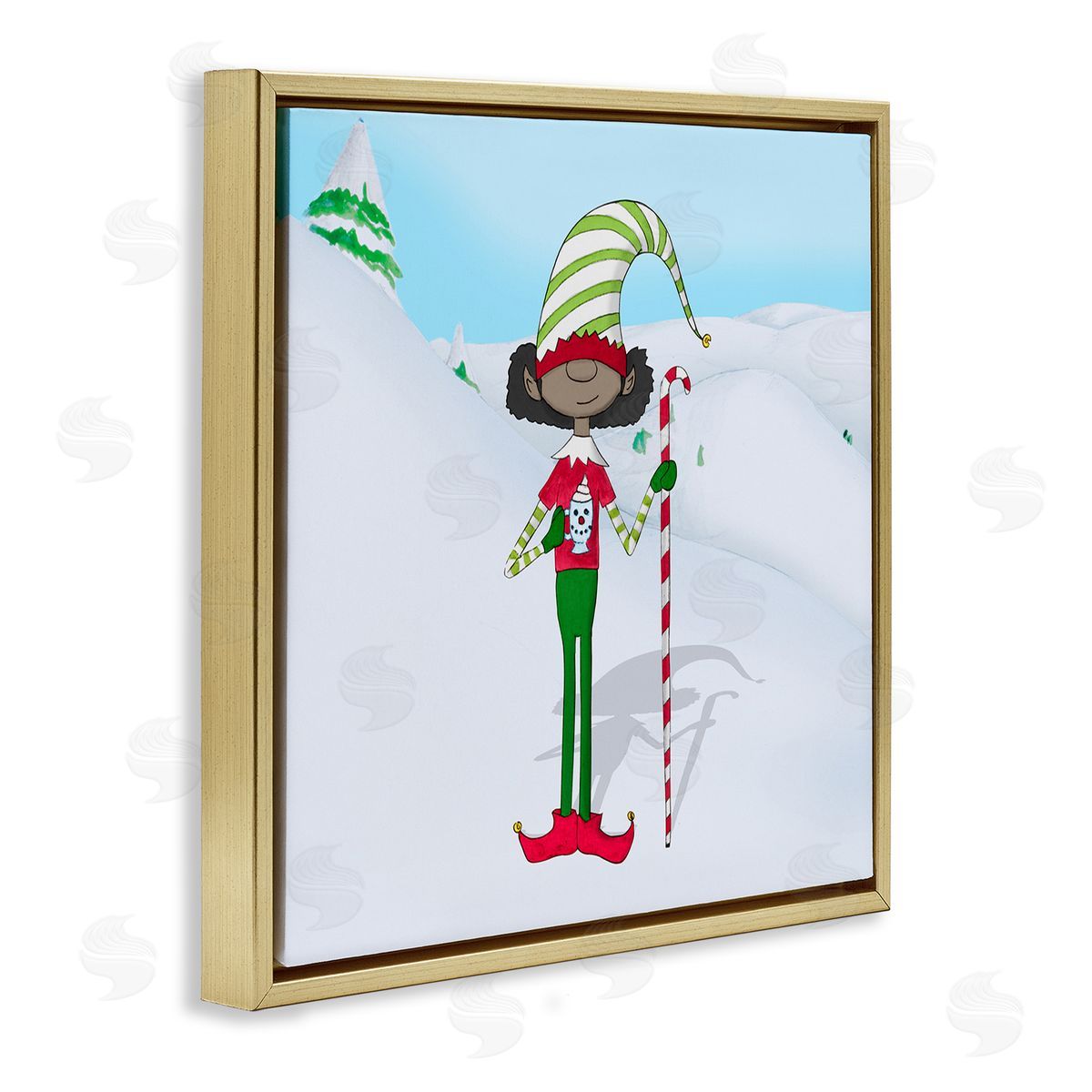 Hugo Edwins Holiday Elf with Hot Cocoa Snowy Winter Scene Gold Floating Frame Canvas Wall Art Print