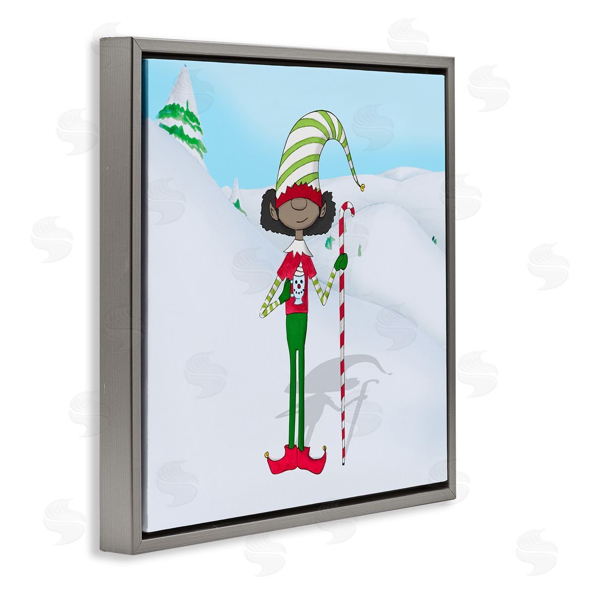 Hugo Edwins Holiday Elf with Hot Cocoa Snowy Winter Scene Gray Floating Frame Canvas Wall Art Print