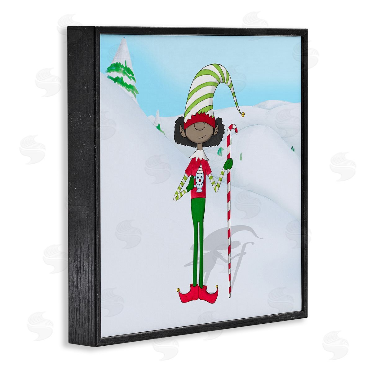 Hugo Edwins Holiday Elf with Hot Cocoa Snowy Winter Scene Black Framed Glicee Wall Art Print