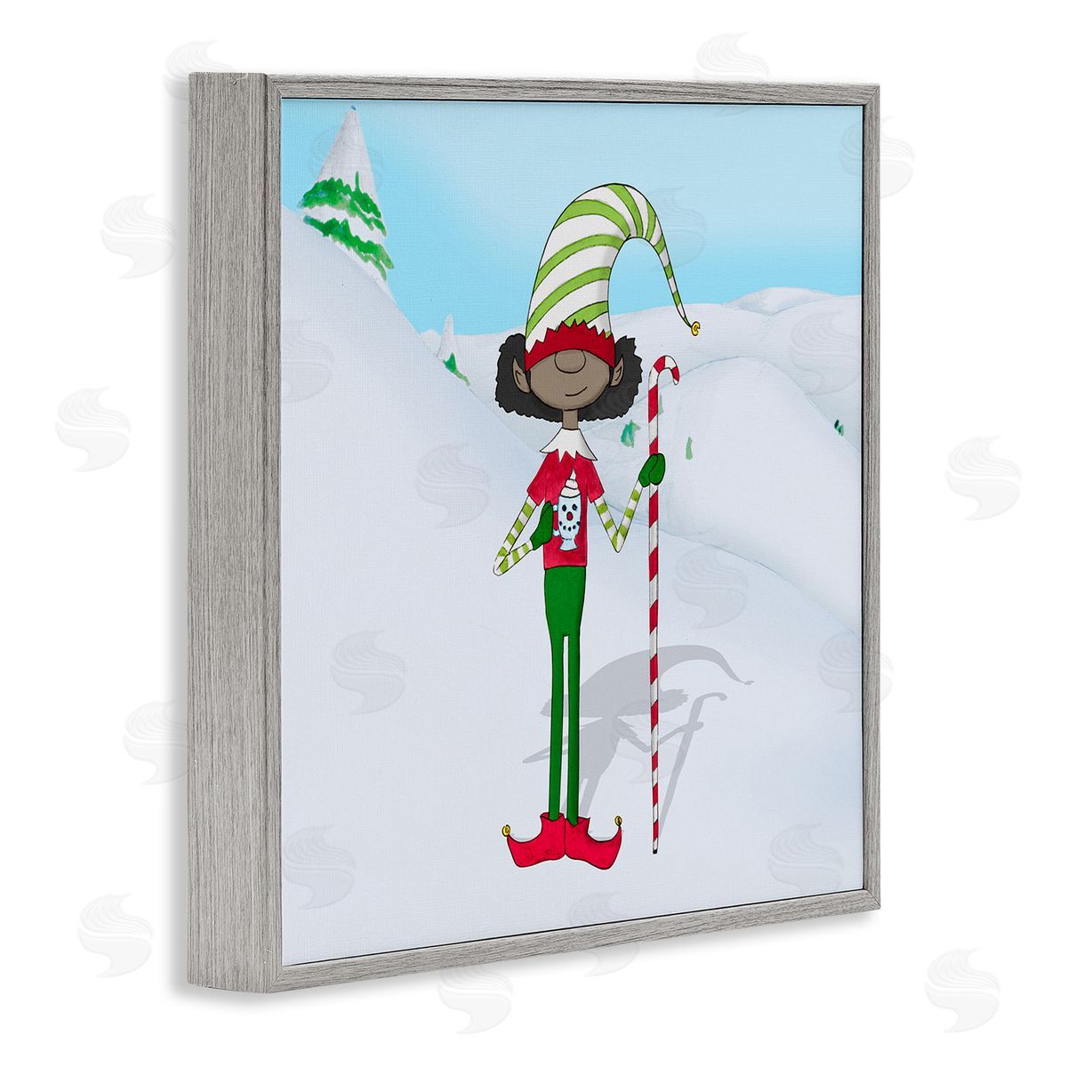 Hugo Edwins Holiday Elf with Hot Cocoa Snowy Winter Scene Gray Framed Glicee Wall Art Print