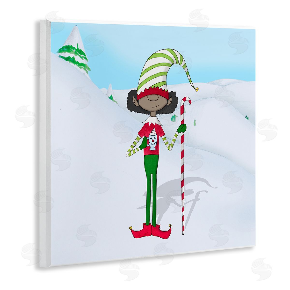 Hugo Edwins Holiday Elf with Hot Cocoa Snowy Winter Scene Wooden Wall Plaque Art Print