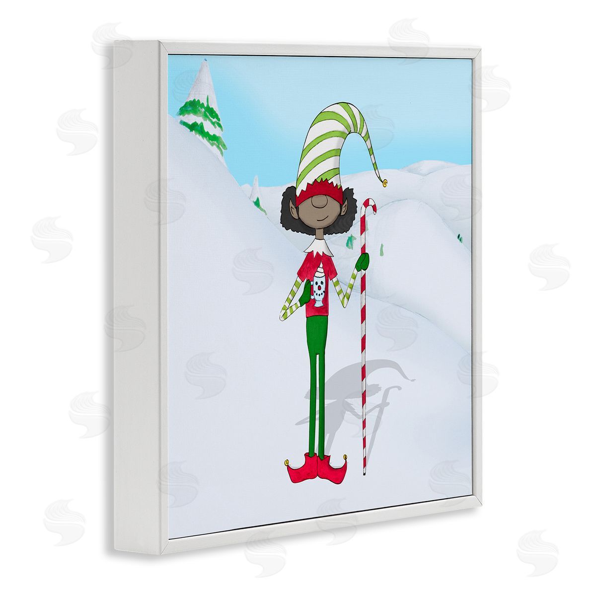 Hugo Edwins Holiday Elf with Hot Cocoa Snowy Winter Scene White Framed Glicee Wall Art Print