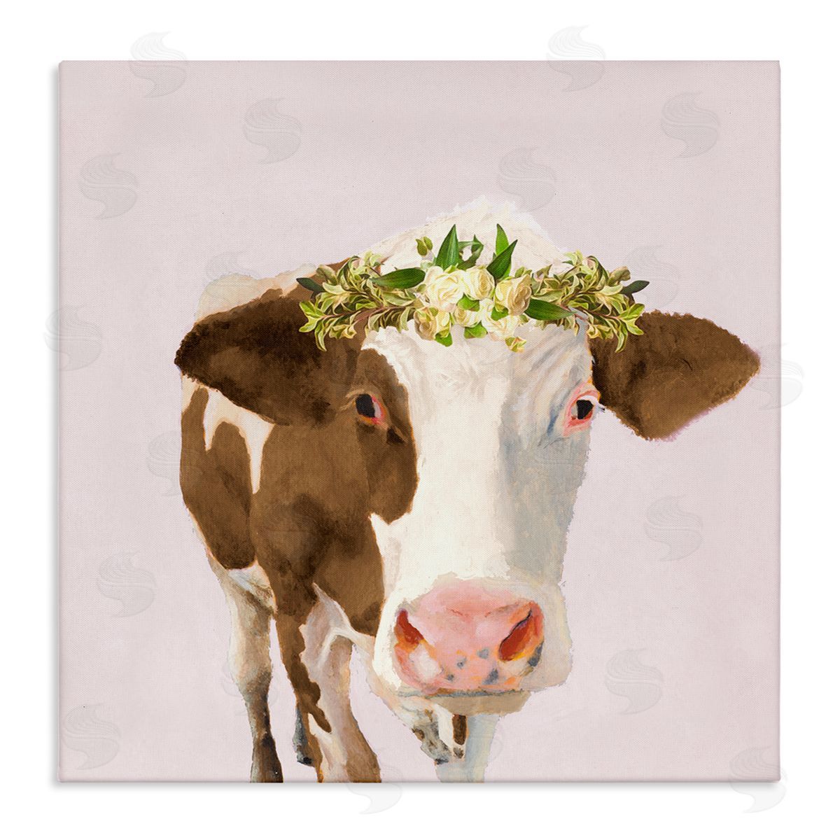 Jenny Green Country Farm Cow White Flower Crown Boho Pink Stretched Canvas Wall Art Print