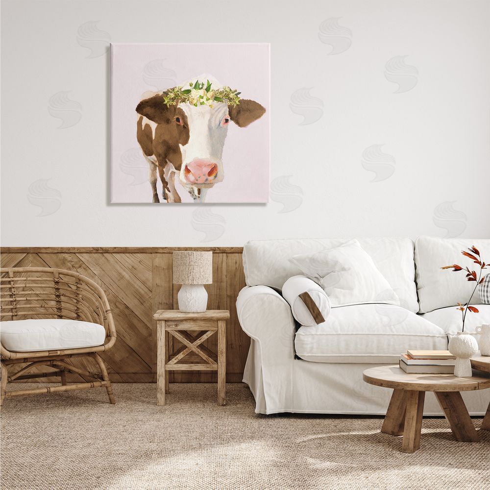 Jenny Green Country Farm Cow White Flower Crown Boho Pink Canvas Wall Art in Room