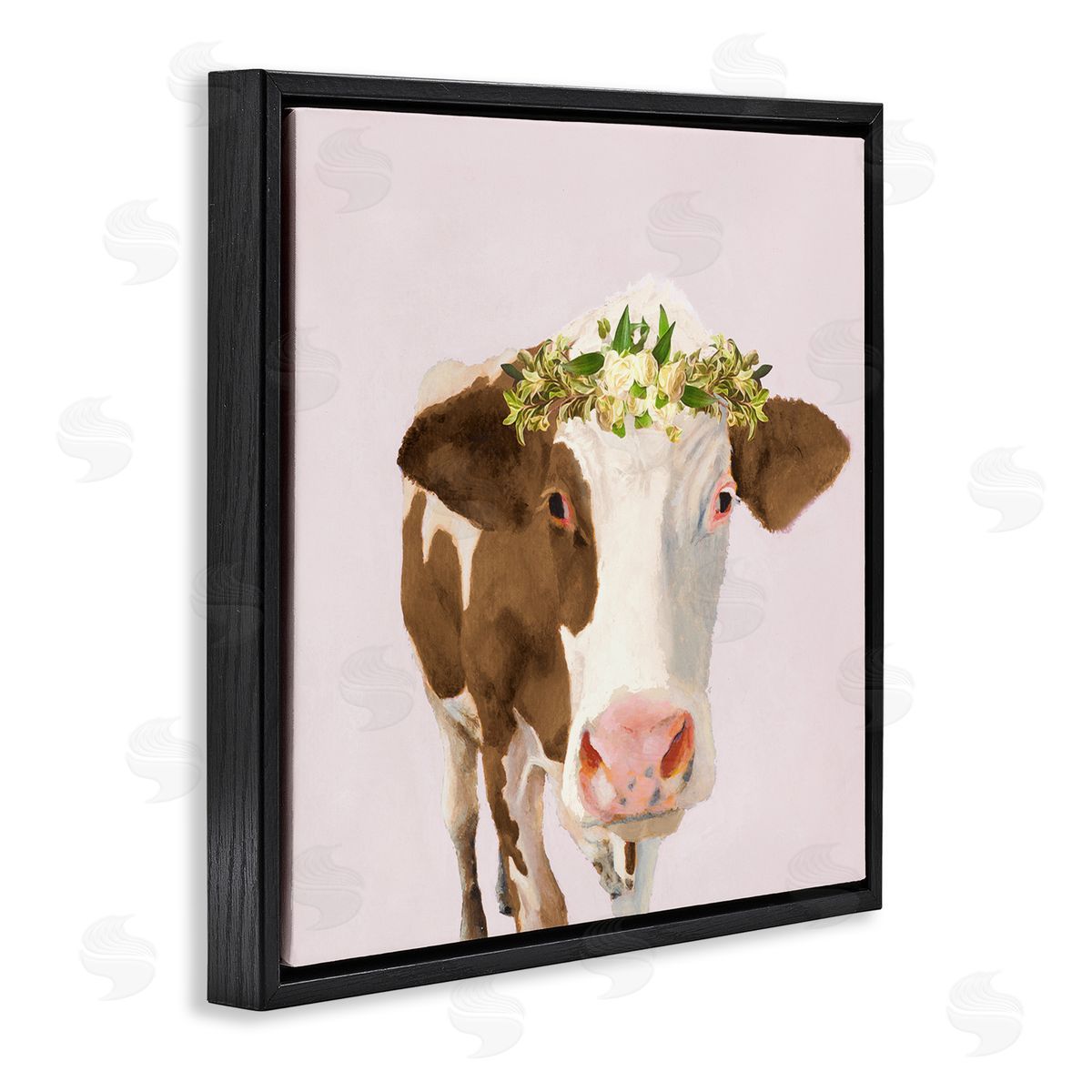 Jenny Green Country Farm Cow White Flower Crown Boho Pink Black Floating Frame Canvas Wall Art Print