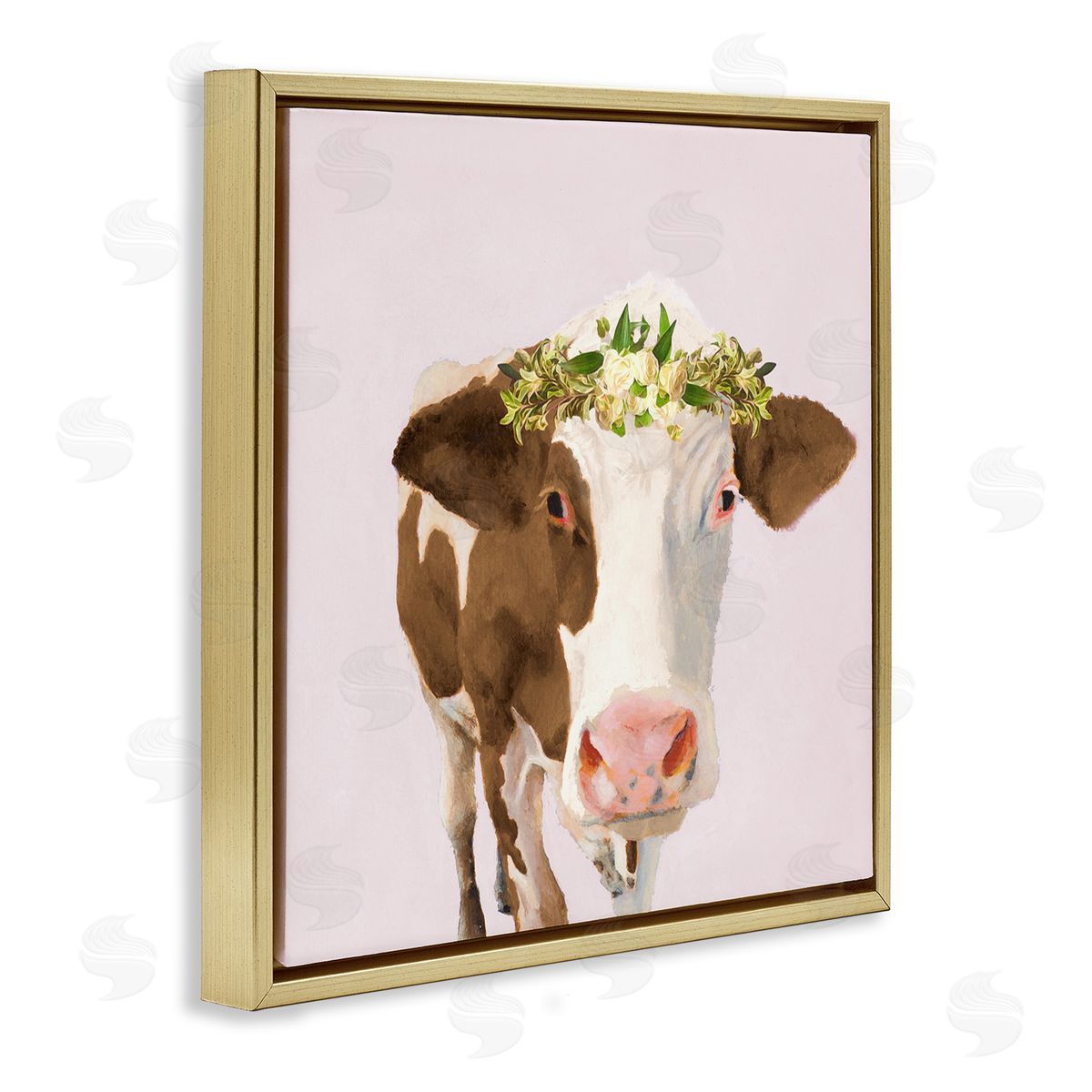 Jenny Green Country Farm Cow White Flower Crown Boho Pink Gold Floating Frame Canvas Wall Art Print