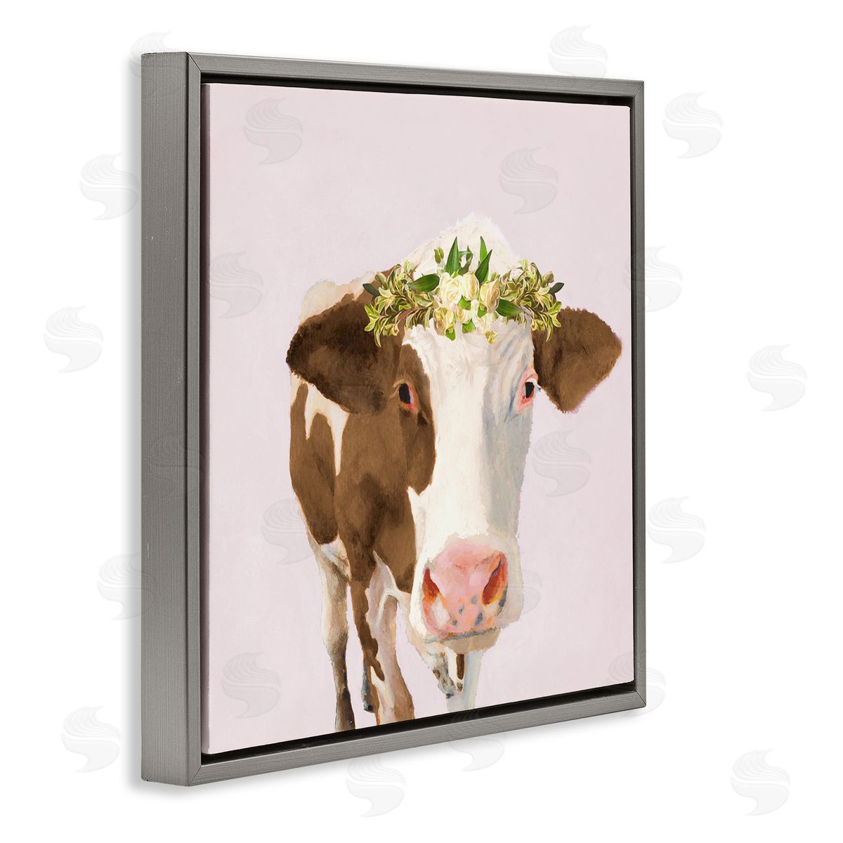 Jenny Green Country Farm Cow White Flower Crown Boho Pink Gray Floating Frame Canvas Wall Art Print