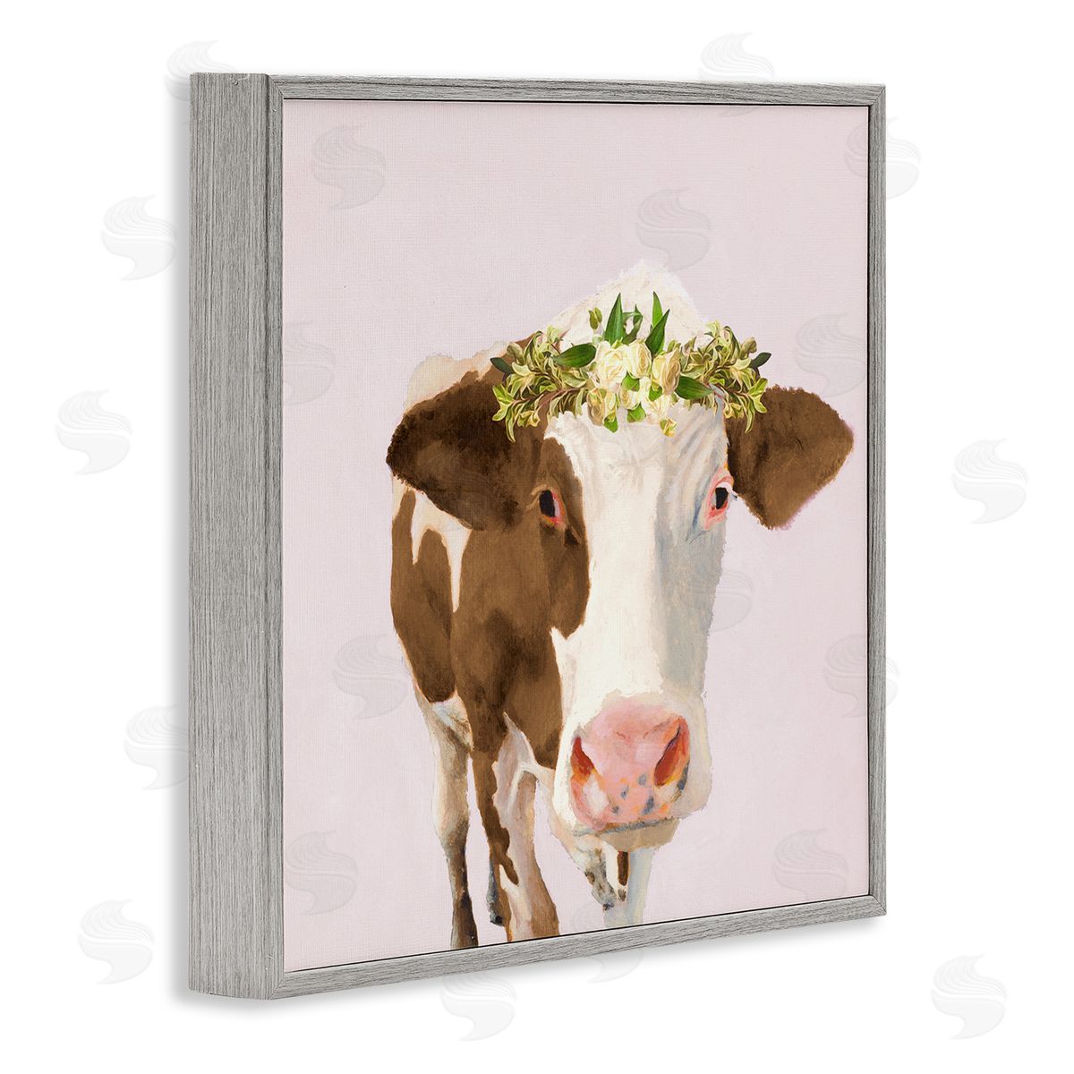 Jenny Green Country Farm Cow White Flower Crown Boho Pink Gray Framed Glicee Wall Art Print