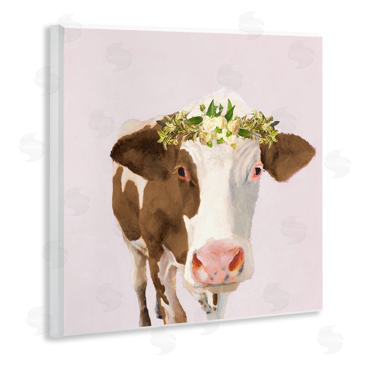 Jenny Green Country Farm Cow White Flower Crown Boho Pink Wooden Wall Plaque Art Print