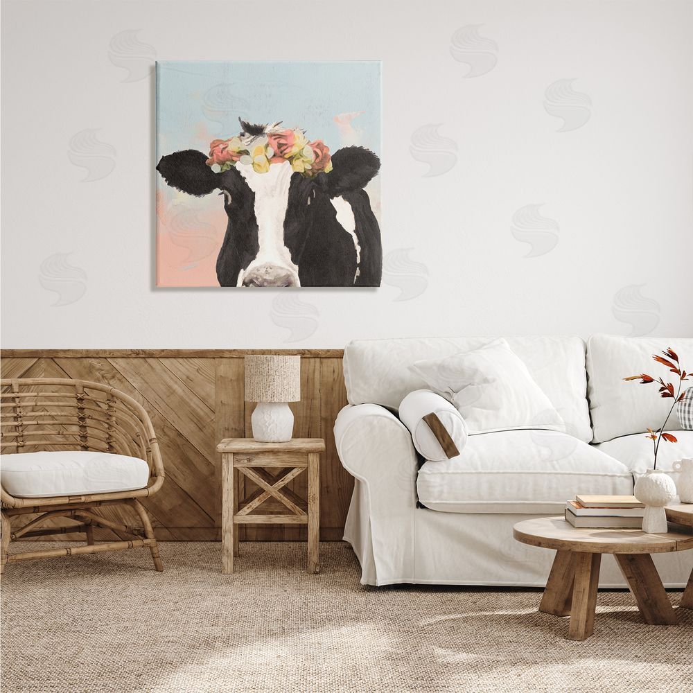Jenny Green Boho Dairy Cow Floral Crown Pink Blue Ombre Canvas Wall Art in Room