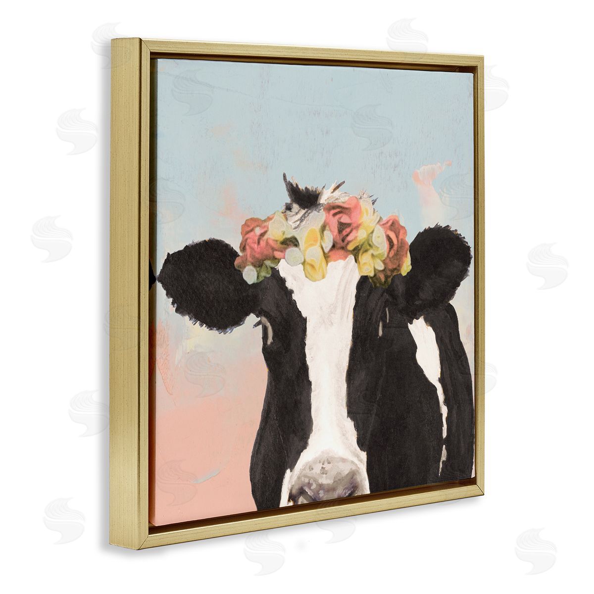 Jenny Green Boho Dairy Cow Floral Crown Pink Blue Ombre Gold Floating Frame Canvas Wall Art Print