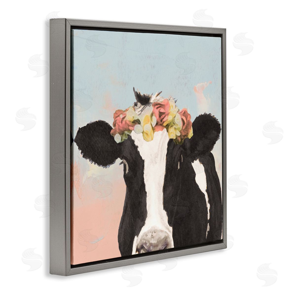 Jenny Green Boho Dairy Cow Floral Crown Pink Blue Ombre Gray Floating Frame Canvas Wall Art Print