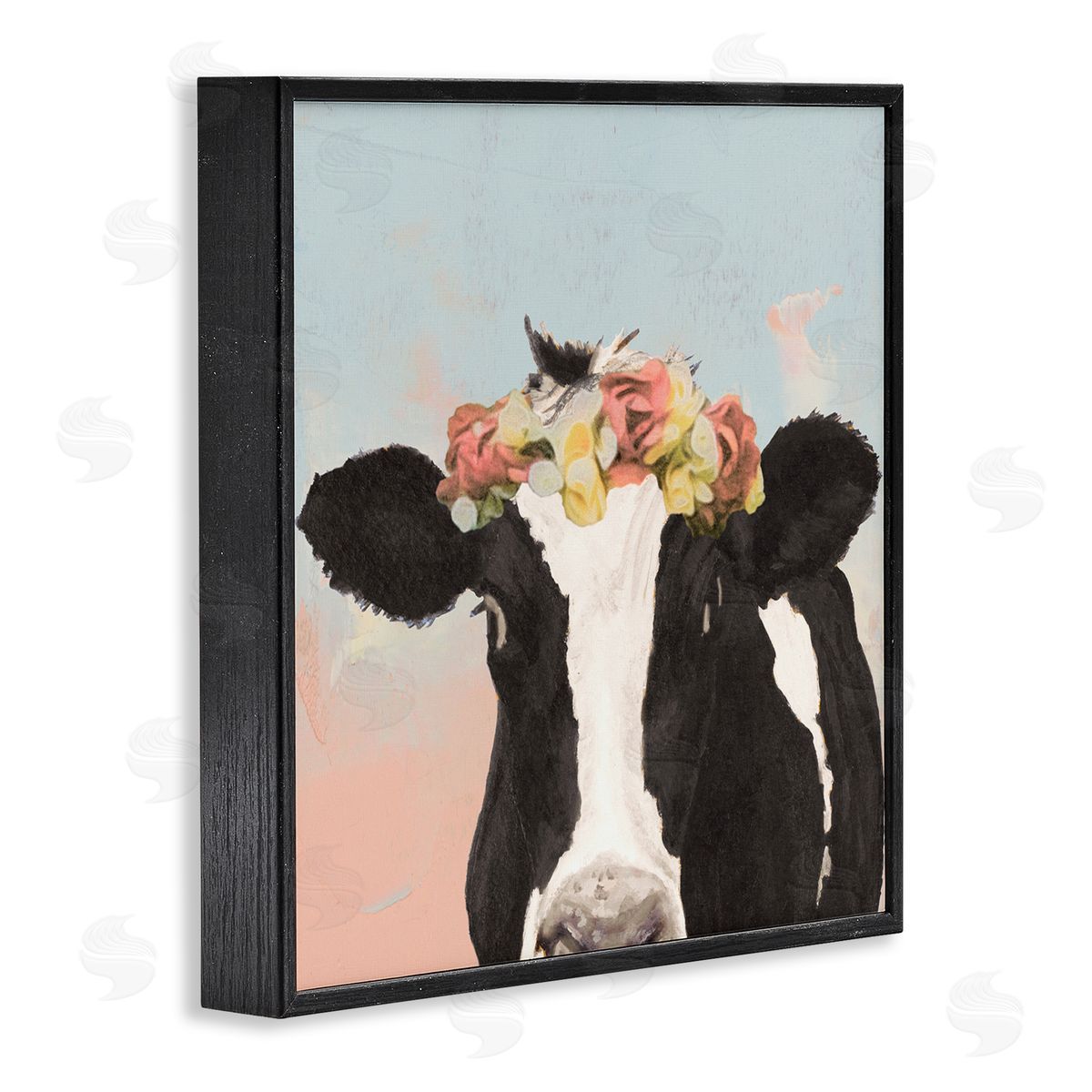 Jenny Green Boho Dairy Cow Floral Crown Pink Blue Ombre Black Framed Glicee Wall Art Print