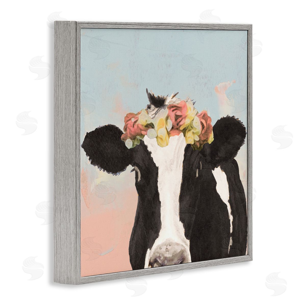 Jenny Green Boho Dairy Cow Floral Crown Pink Blue Ombre Gray Framed Glicee Wall Art Print