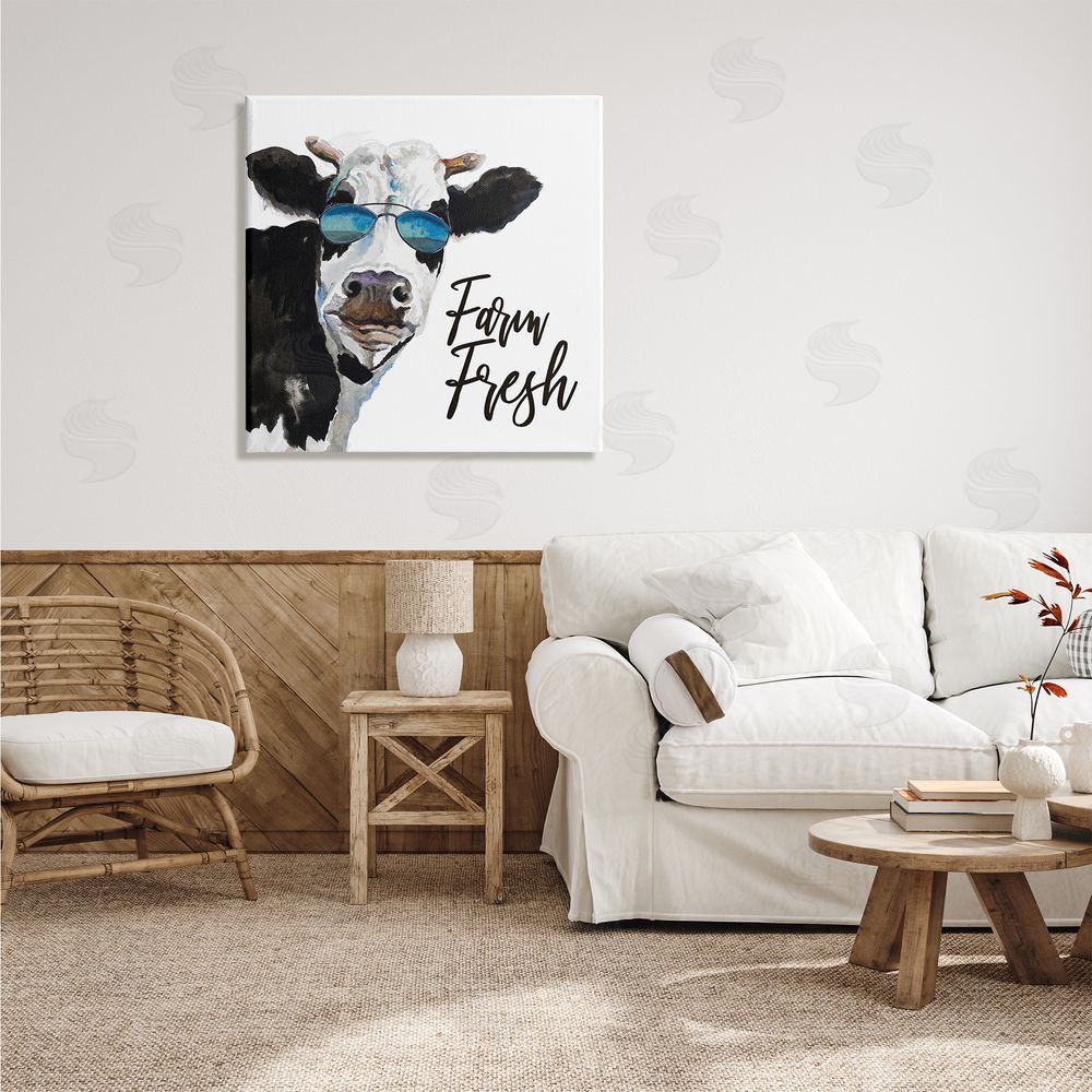 Patricia Pinto Farm Fresh Funny Dairy Cow Phrase Aviator Shades Canvas Wall Art in Room