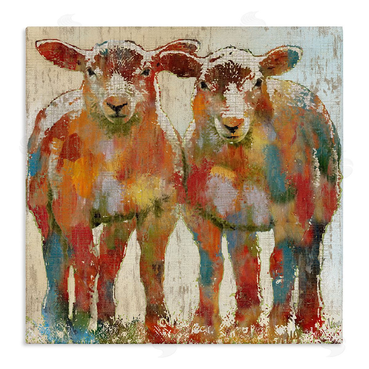 Nan Abstract Sheep Pair Contemporary Rustic Patchwork Pattern Stretched Canvas Wall Art Print