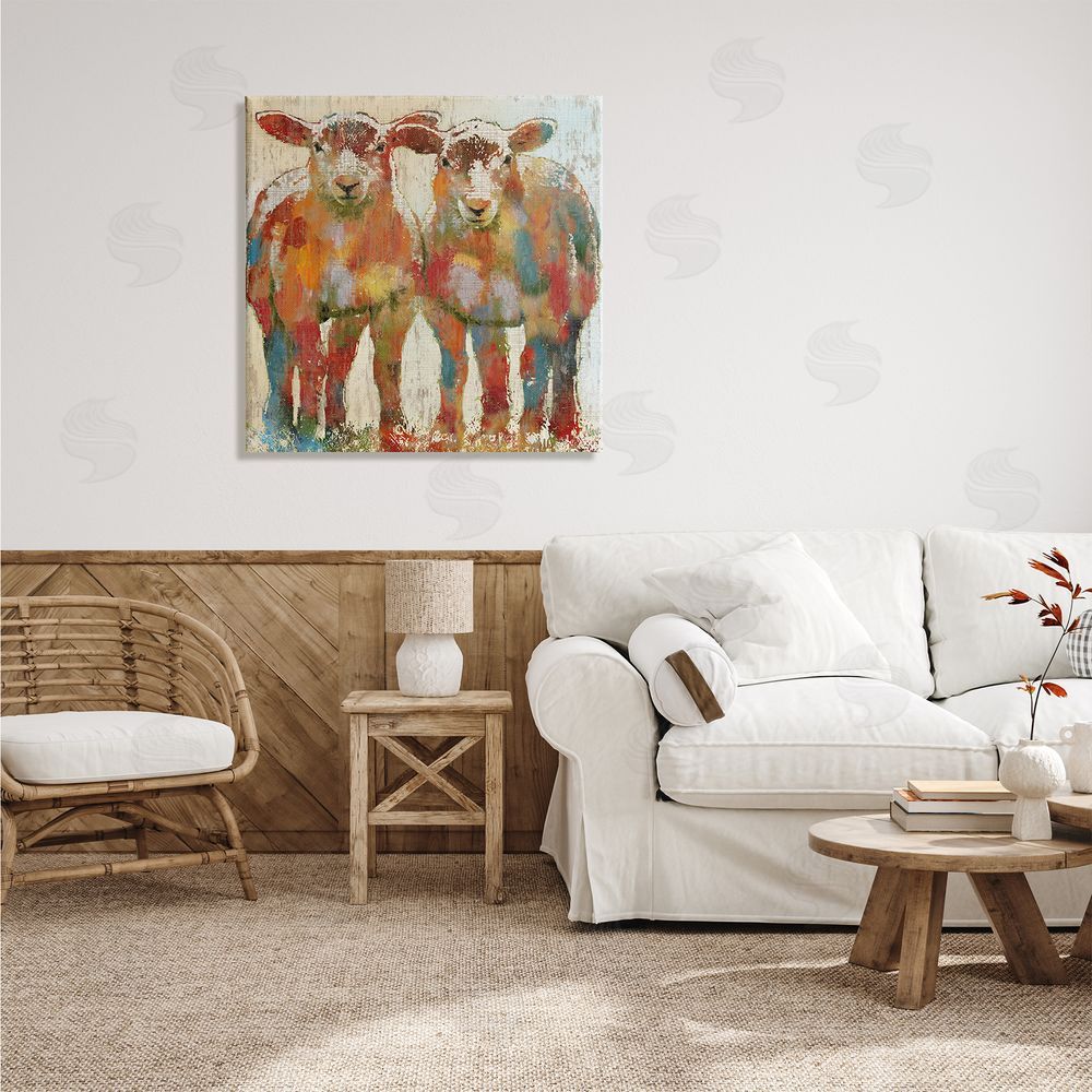 Nan Abstract Sheep Pair Contemporary Rustic Patchwork Pattern Canvas Wall Art in Room