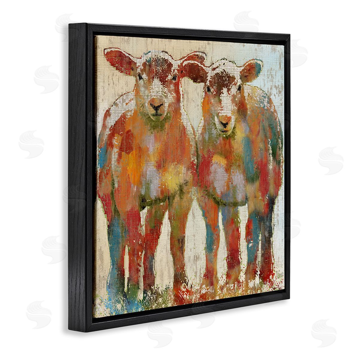 Nan Abstract Sheep Pair Contemporary Rustic Patchwork Pattern Black Floating Frame Canvas Wall Art Print