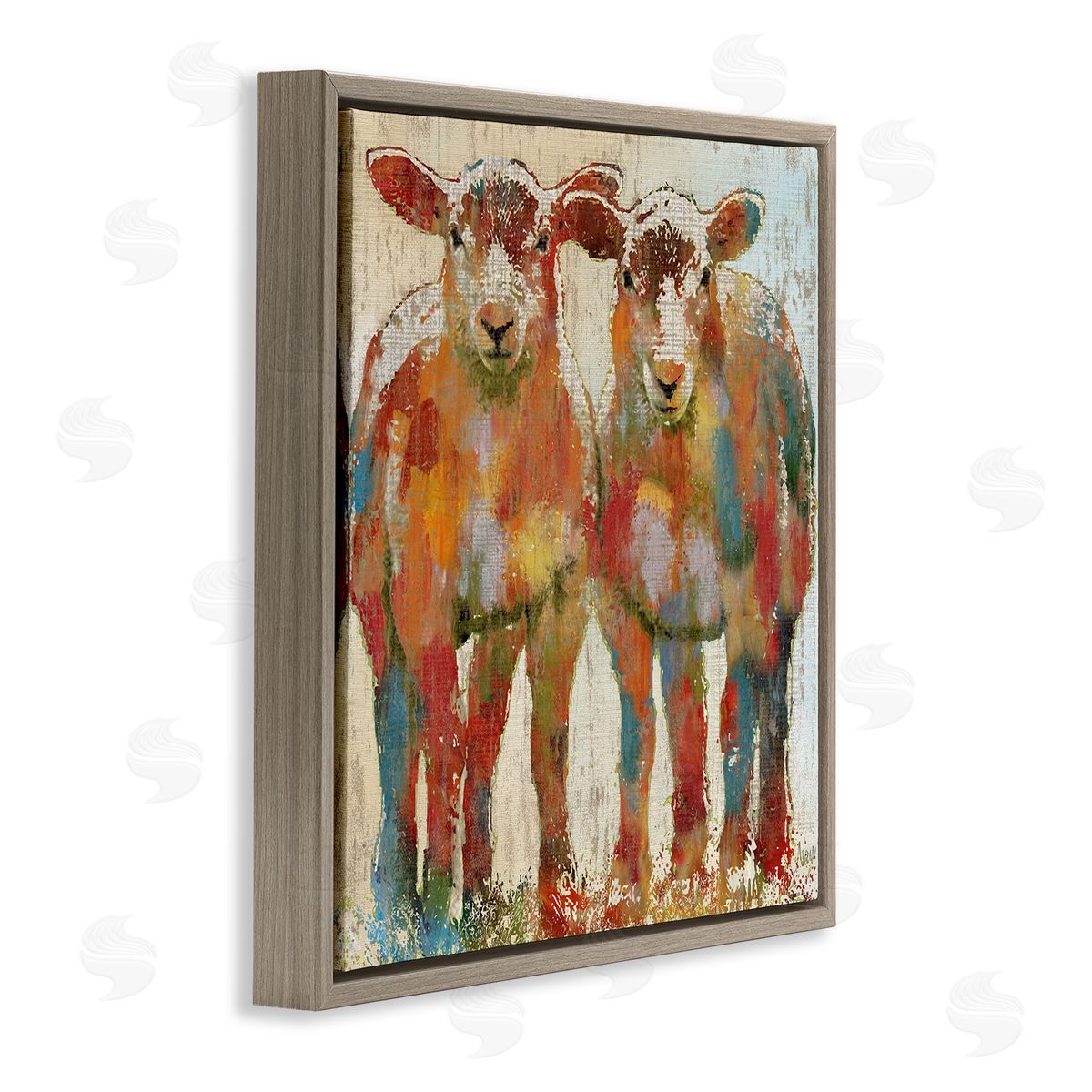 Nan Abstract Sheep Pair Contemporary Rustic Patchwork Pattern Brown Floating Frame Canvas Wall Art Print
