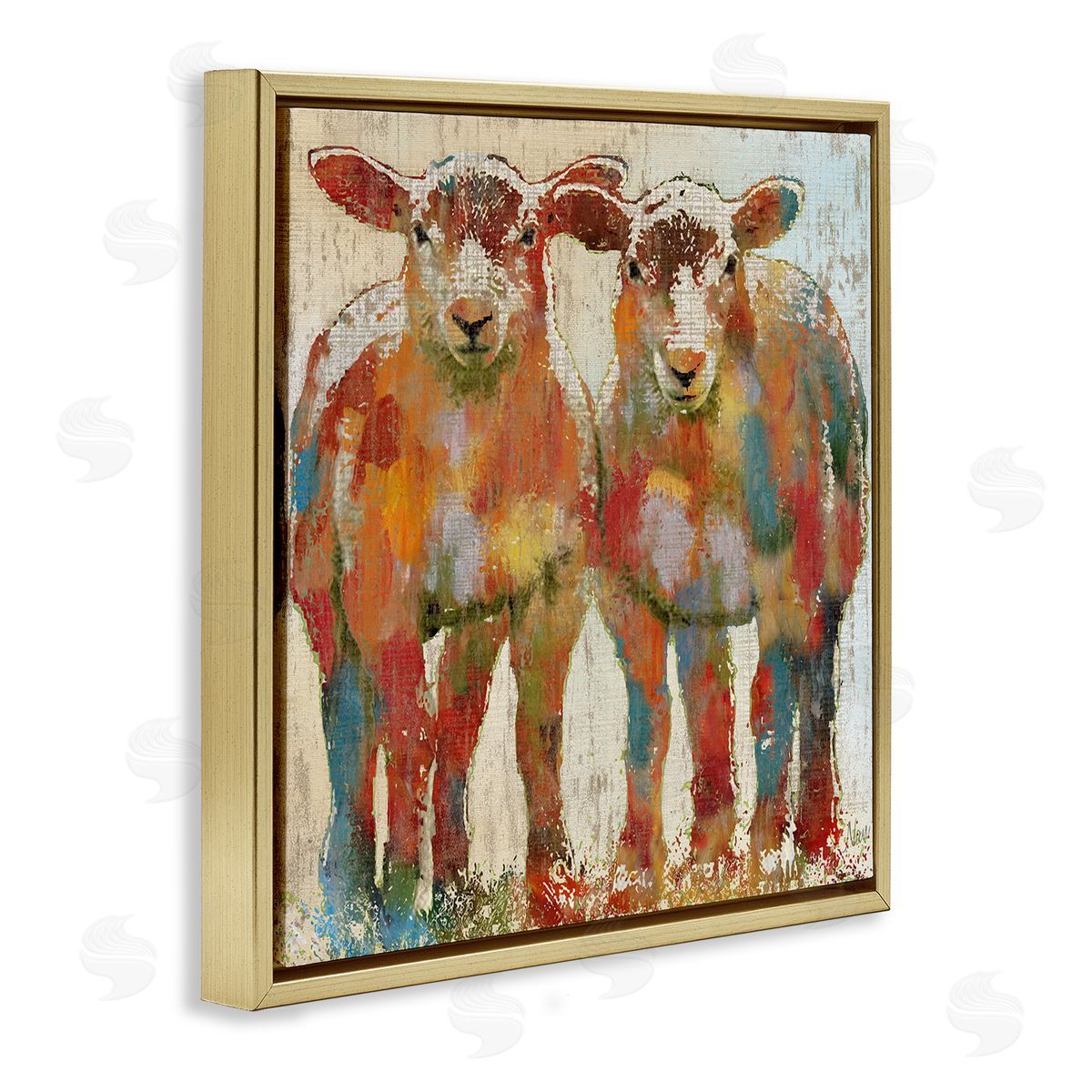 Nan Abstract Sheep Pair Contemporary Rustic Patchwork Pattern Gold Floating Frame Canvas Wall Art Print